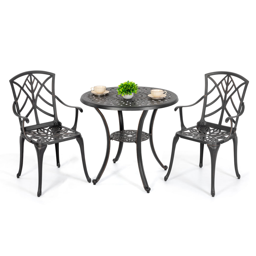 Outdoor 3-Piece Patio Bistro Set, 2 Bistro Chairs and 31 Inch Round Bistro Table with 2.28'' Umbrella Hole, Cast Aluminum Frame, for Outdoor and Indoor Space, Patio, Deck, Garden, Backyard, Balcony, Black with Gold-painted Edge