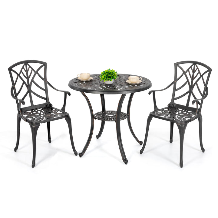 Outdoor 3-Piece Patio Bistro Set, 2 Bistro Chairs and 31 Inch Round Bistro Table with 2.28'' Umbrella Hole, Cast Aluminum Frame, for Outdoor and Indoor Space, Patio, Deck, Garden, Backyard, Balcony, Black with Gold-painted Edge