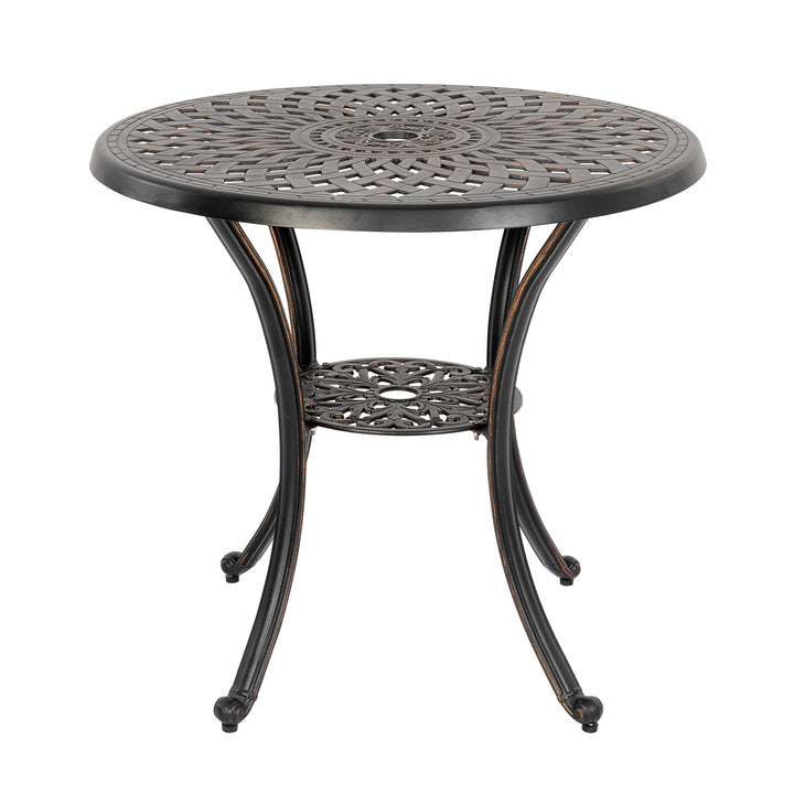 Outdoor 3-Piece Patio Bistro Set, 2 Bistro Chairs and 31 Inch Round Bistro Table with 2.28'' Umbrella Hole, Cast Aluminum Frame, for Outdoor and Indoor Space, Patio, Deck, Garden, Backyard, Balcony, Black with Gold-painted Edge