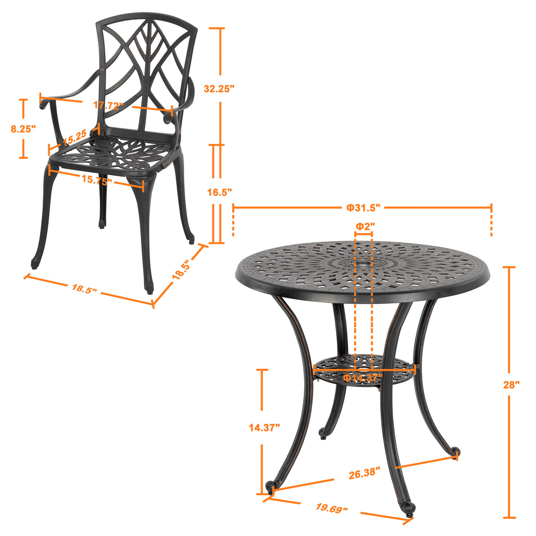 Outdoor 3-Piece Patio Bistro Set, 2 Bistro Chairs and 31 Inch Round Bistro Table with 2.28'' Umbrella Hole, Cast Aluminum Frame, for Outdoor and Indoor Space, Patio, Deck, Garden, Backyard, Balcony, Black with Gold-painted Edge