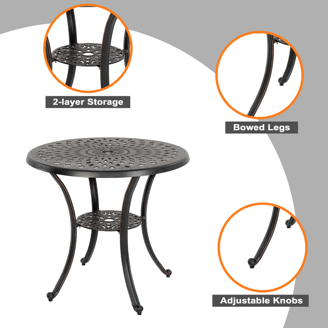 Outdoor 3-Piece Patio Bistro Set, 2 Bistro Chairs and 31 Inch Round Bistro Table with 2.28'' Umbrella Hole, Cast Aluminum Frame, for Outdoor and Indoor Space, Patio, Deck, Garden, Backyard, Balcony, Black with Gold-painted Edge