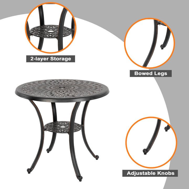 Outdoor 3-Piece Patio Bistro Set, 2 Bistro Chairs and 31 Inch Round Bistro Table with 2.28'' Umbrella Hole, Cast Aluminum Frame, for Outdoor and Indoor Space, Patio, Deck, Garden, Backyard, Balcony, Black with Gold-painted Edge
