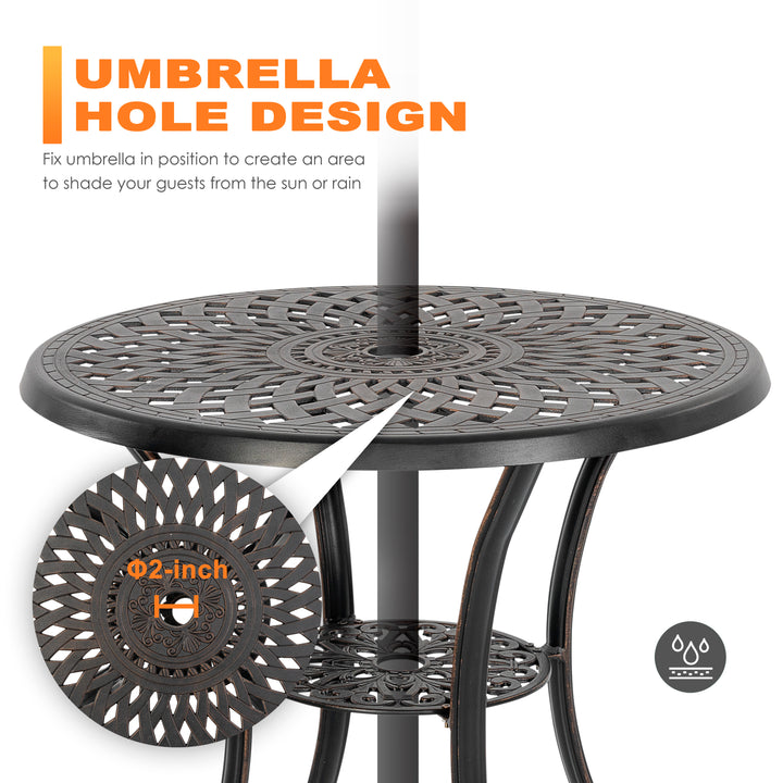 Outdoor 3-Piece Patio Bistro Set, 2 Bistro Chairs and 31 Inch Round Bistro Table with 2.28'' Umbrella Hole, Cast Aluminum Frame, for Outdoor and Indoor Space, Patio, Deck, Garden, Backyard, Balcony, Black with Gold-painted Edge
