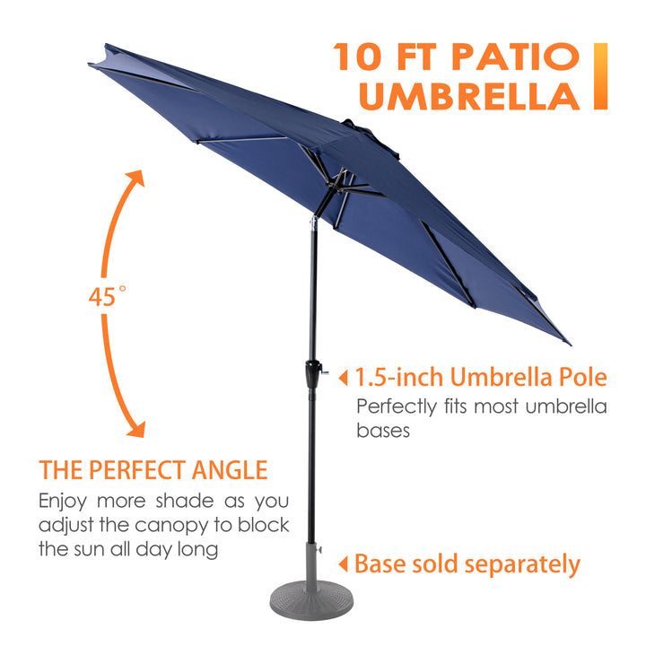 Outdoor 10' Round Blue Patio Vented Umbrella with Base, Crank, Push Button Tilt