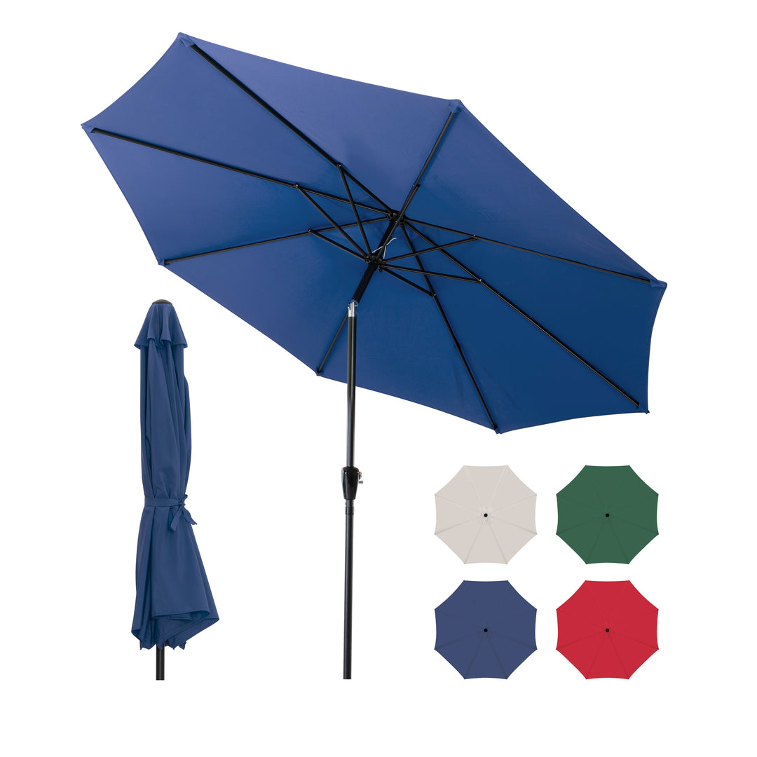 Outdoor 10' Round Patio Sunshade Umbrella, Outdoor Vented Table Umbrella, with Easy-to-use Crank, Push Button Tilt, 8 Sturdy Iron Ribs, Aluminum Pole, Sunscreen and Rainproof Fabric, for Garden, Backyard, Terrace, Poolside, Blue