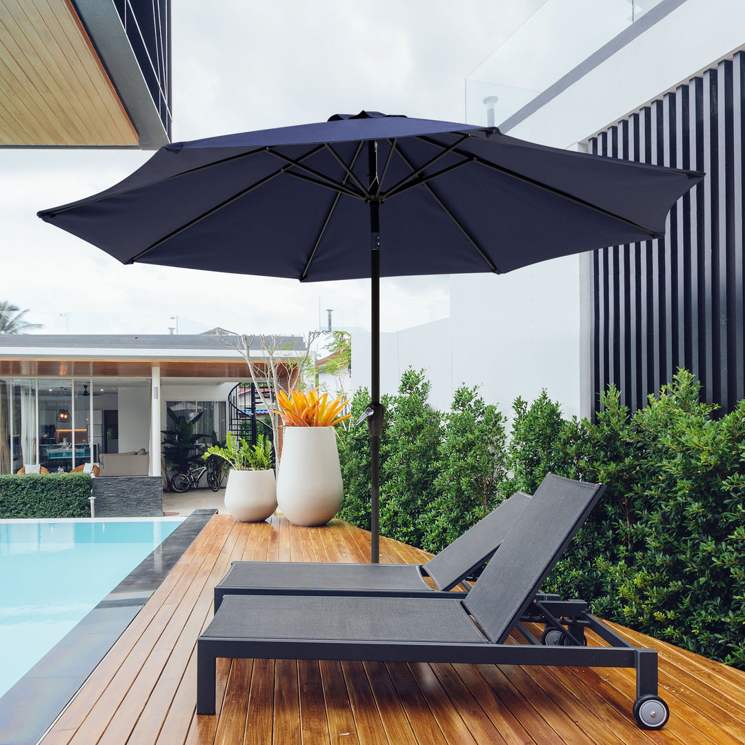 Outdoor 10' Round Blue Patio Vented Umbrella with Base, Crank, Push Button Tilt