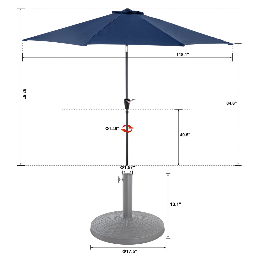 Outdoor 10' Round Blue Patio Vented Umbrella with Base, Crank, Push Button Tilt