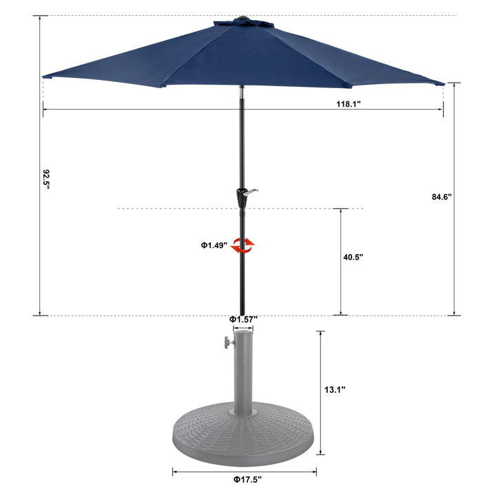 Outdoor 10' Round Blue Patio Vented Umbrella with Base, Crank, Push Button Tilt