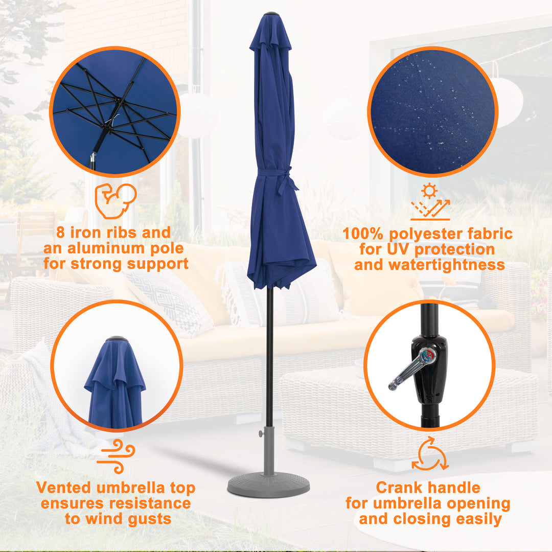 Outdoor 10' Round Blue Patio Vented Umbrella with Base, Crank, Push Button Tilt