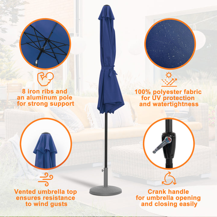 Outdoor 10' Round Blue Patio Vented Umbrella with Base, Crank, Push Button Tilt