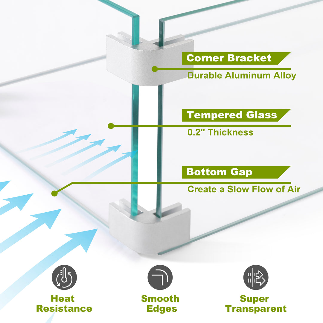 Fire Pit Wind Guard for Rectangular Fire Pit Table 29 X 10 X 6 Inches Sturdy and Durable Flame Protective Transparent Tempered Glass Guard with Aluminum Alloy Corner Bracket