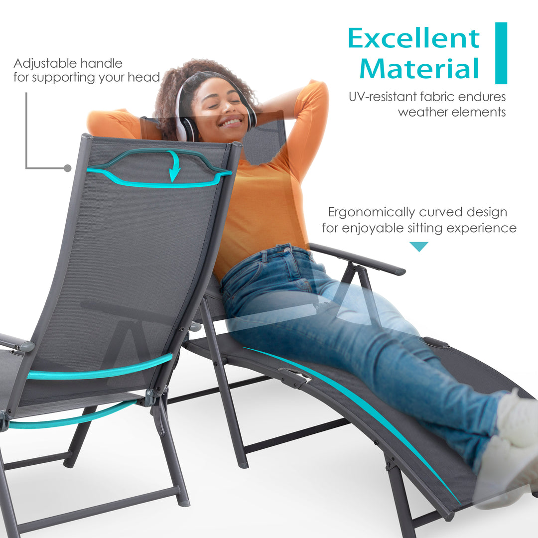 Outdoor Patio Folding Chaise Lounge Chair with 6-Position Adjustable Backrest and Breathable Textile Fabric, Beach, Yard, Pool, Lawn, Gray