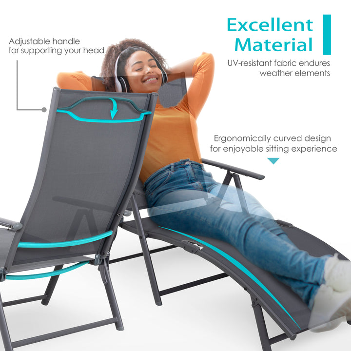 Outdoor Patio Folding Chaise Lounge Chair with 6-Position Adjustable Backrest and Breathable Textile Fabric, Beach, Yard, Pool, Lawn, Gray