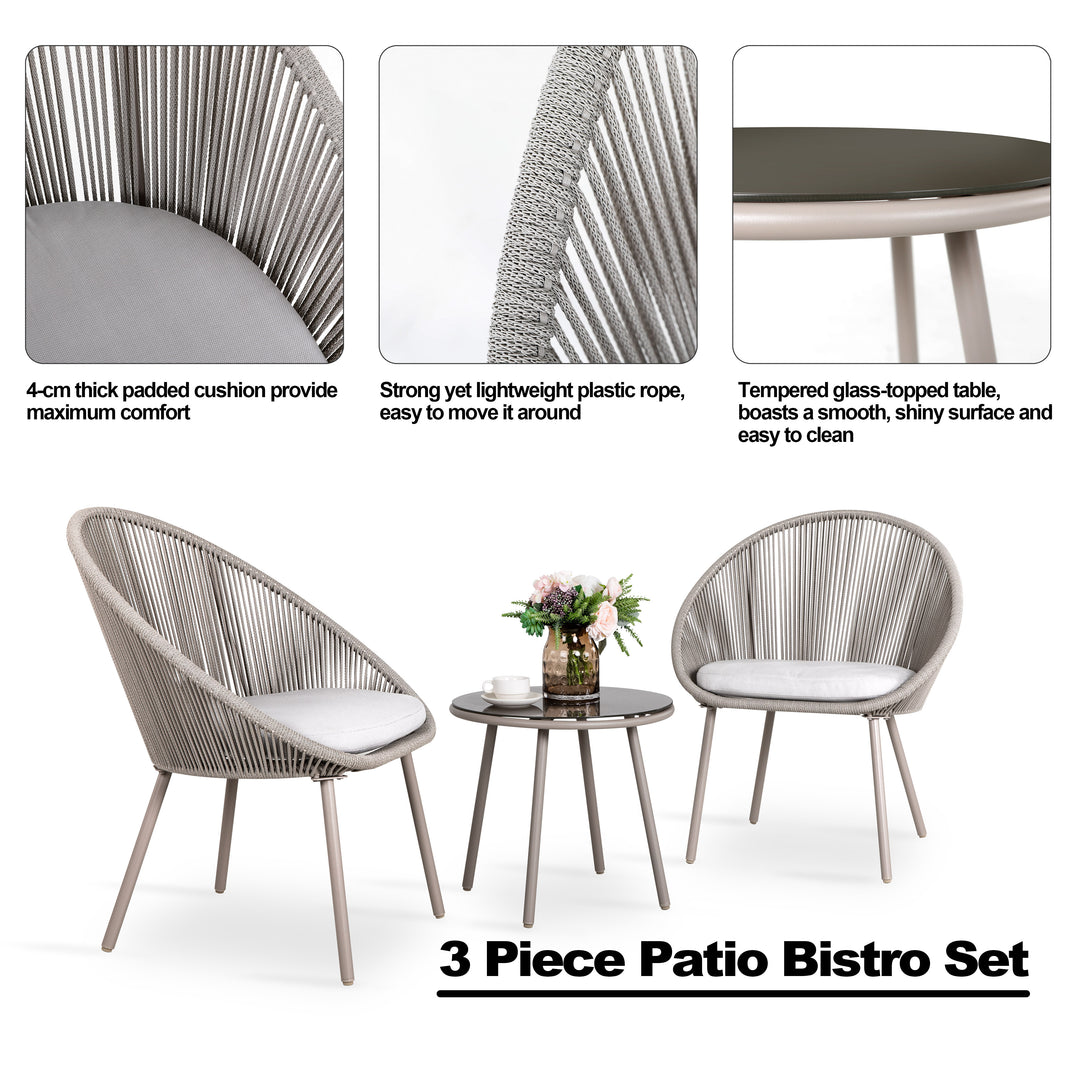 3 Pieces Patio Table Set Outdoor All Weather Woven Rope Patio Conversation Bistro Set with Cushions, Patio Furniture Sets for Balcony, Garden, Balcony, Deck, Backyard