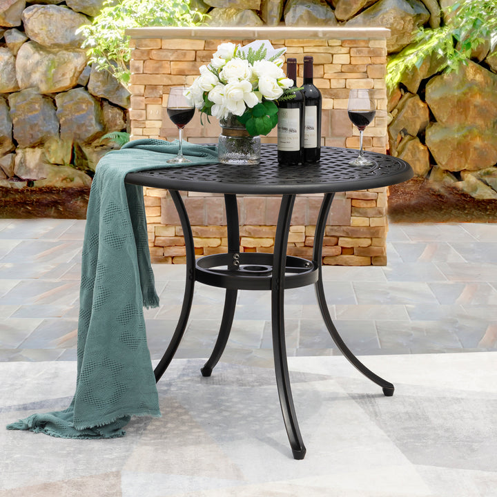 Outdoor 31'' Round Cast Aluminum Dining Table with 1.96 inch Umbrella Hole, for Outdoor and Indoor Space, Black with Gold-painted Edge