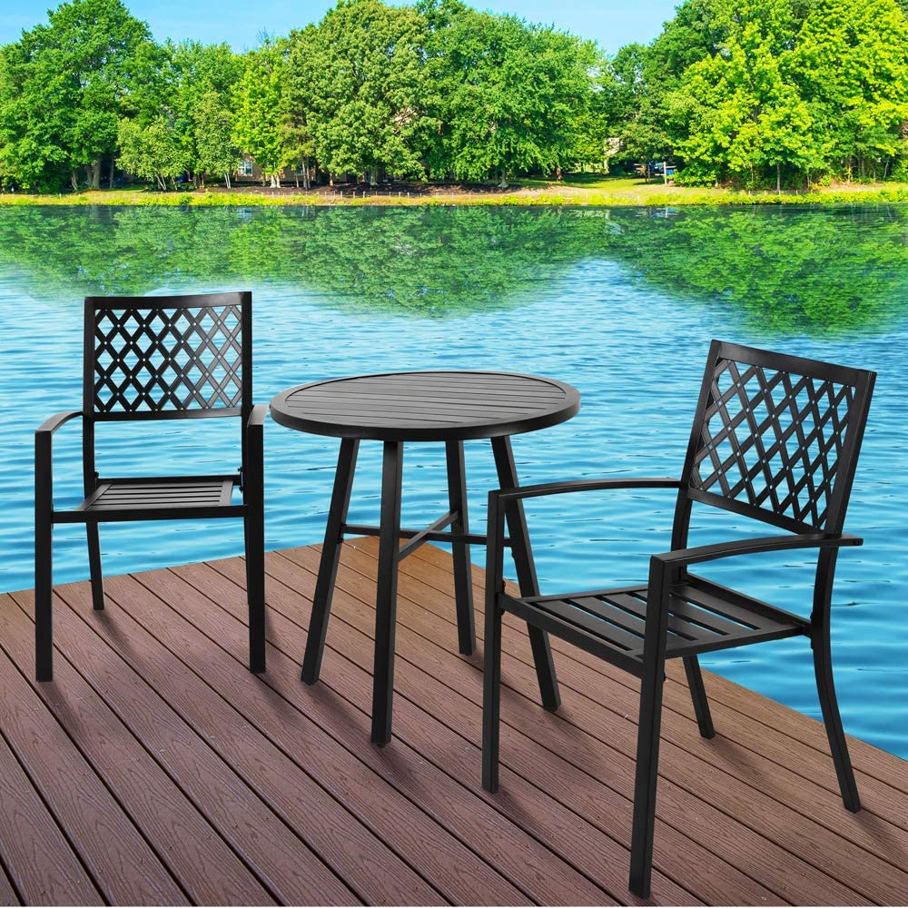 3 Piece Patio Bistro Set, Metal Frame Outdoor Bistro Set with 2 Patio Dining Chairs and 1 Round Slatted Patio Table, Outdoor Furniture Set for Porch, Deck, Black