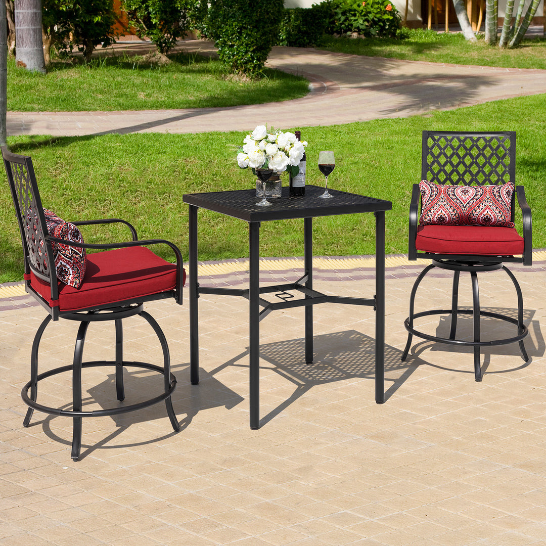 3 Pieces Patio Bistro Set with Swivel Chairs, Cushions, Pillows, Bistro Table with Umbrella Hole