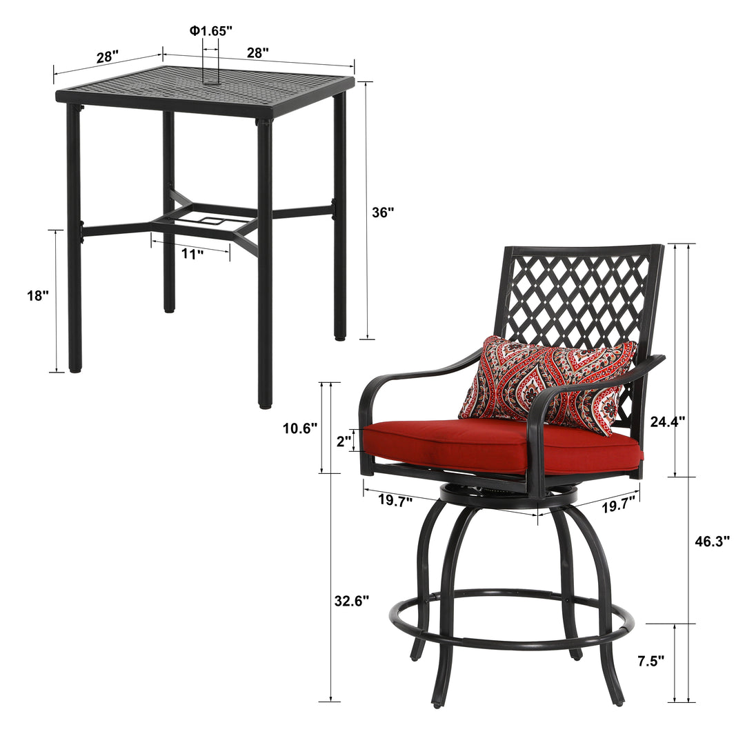 3 Pieces Patio Bistro Set with Swivel Chairs, Cushions, Pillows, Bistro Table with Umbrella Hole
