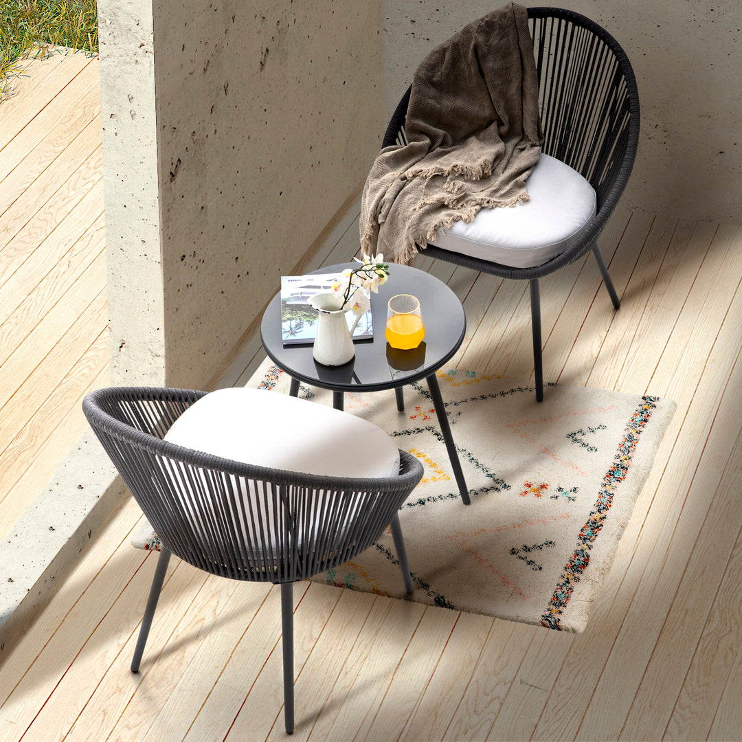3 Pieces Patio Table Set Outdoor All Weather Woven Rope Patio Conversation Bistro Set with Cushions, Patio Furniture Sets for Balcony, Garden, Balcony, Deck, Backyard