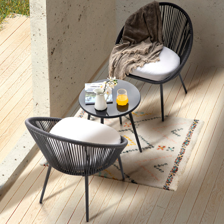 3 Pieces Patio Table Set Outdoor All Weather Woven Rope Patio Conversation Bistro Set with Cushions, Patio Furniture Sets for Balcony, Garden, Balcony, Deck, Backyard