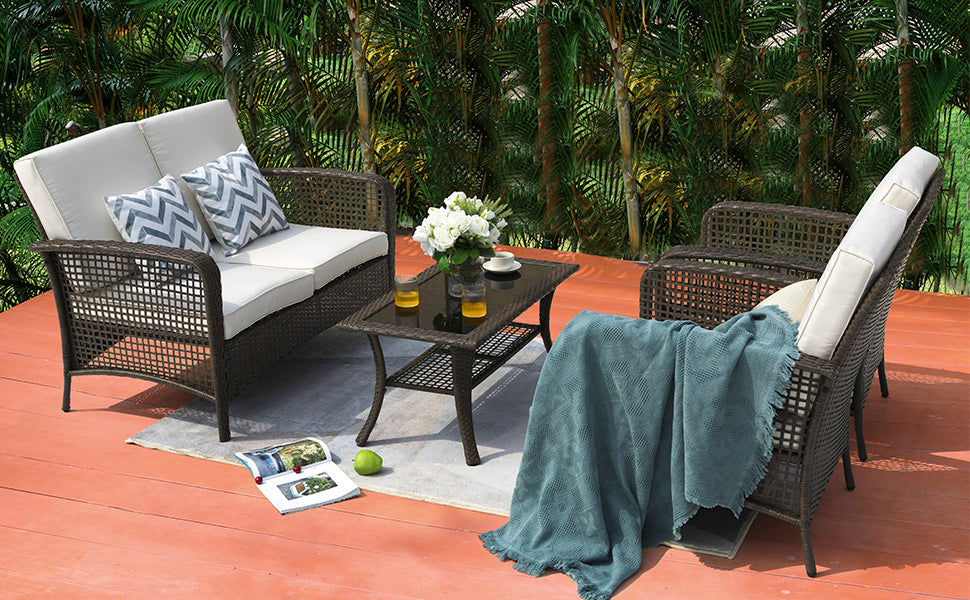 4 Pieces Patio Furniture, Outdoor Conversation/Sofa Set with Rattan Coffee Table and Cushions, Steel, PE Rattan Wicker, for Small Balconies, Front Porch, Yard, Deck