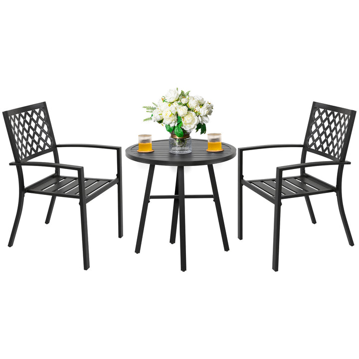 3 Piece Patio Bistro Set, Metal Frame Outdoor Bistro Set with 2 Patio Dining Chairs and 1 Round Slatted Patio Table, Outdoor Furniture Set for Porch, Deck, Black