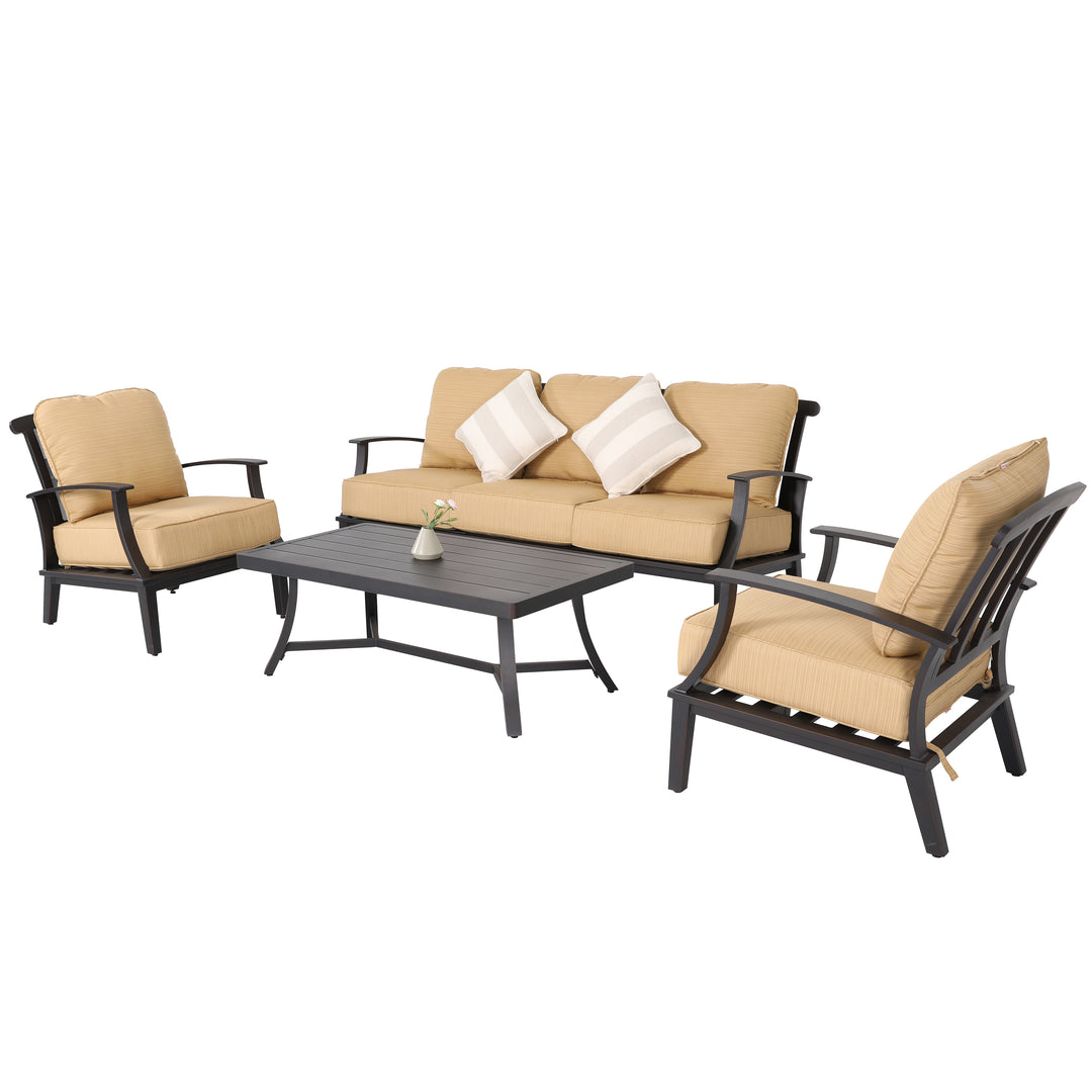4 Pieces Aluminum Sofa Set Indoor Patio Garden Furniture Set Dark Brown Rectangular Coffee Table and Chairs