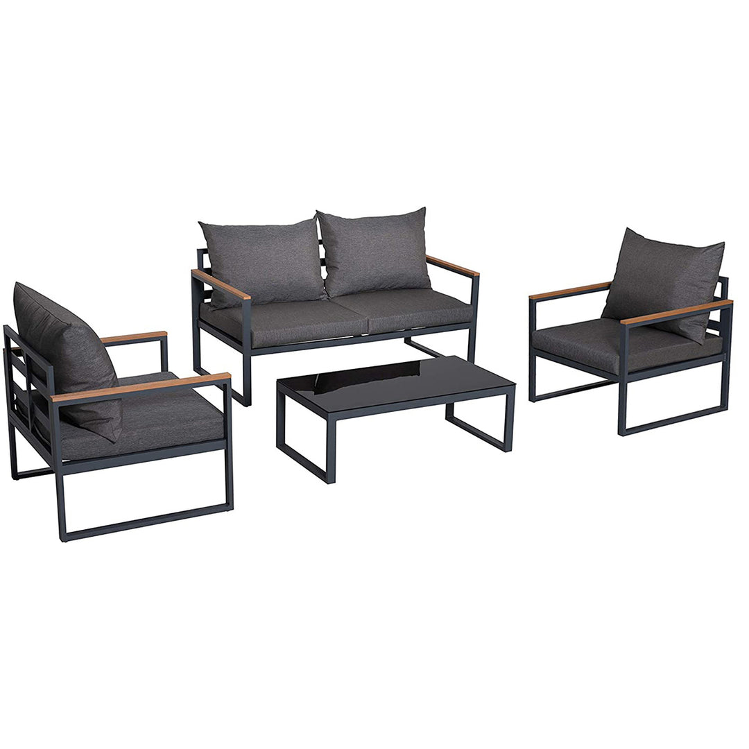4 Pieces Aluminum Teak Patio Furniture Sofa Set, Outdoor Conversation/Bistro Set with Loveseat, Coffee Table, Cushions for Home, Backyard, Pool