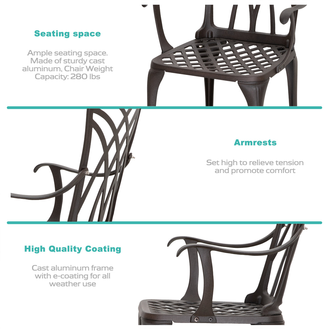 5 Piece Outdoor Cast Aluminum Dining Set, Round Patio Table and Chairs with Umbrella Hole for Patio or Deck, Lattice Weave Design