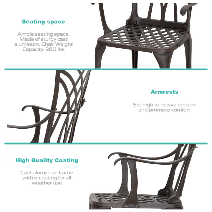 5 Piece Outdoor Cast Aluminum Dining Set, Round Patio Table and Chairs with Umbrella Hole for Patio or Deck, Lattice Weave Design