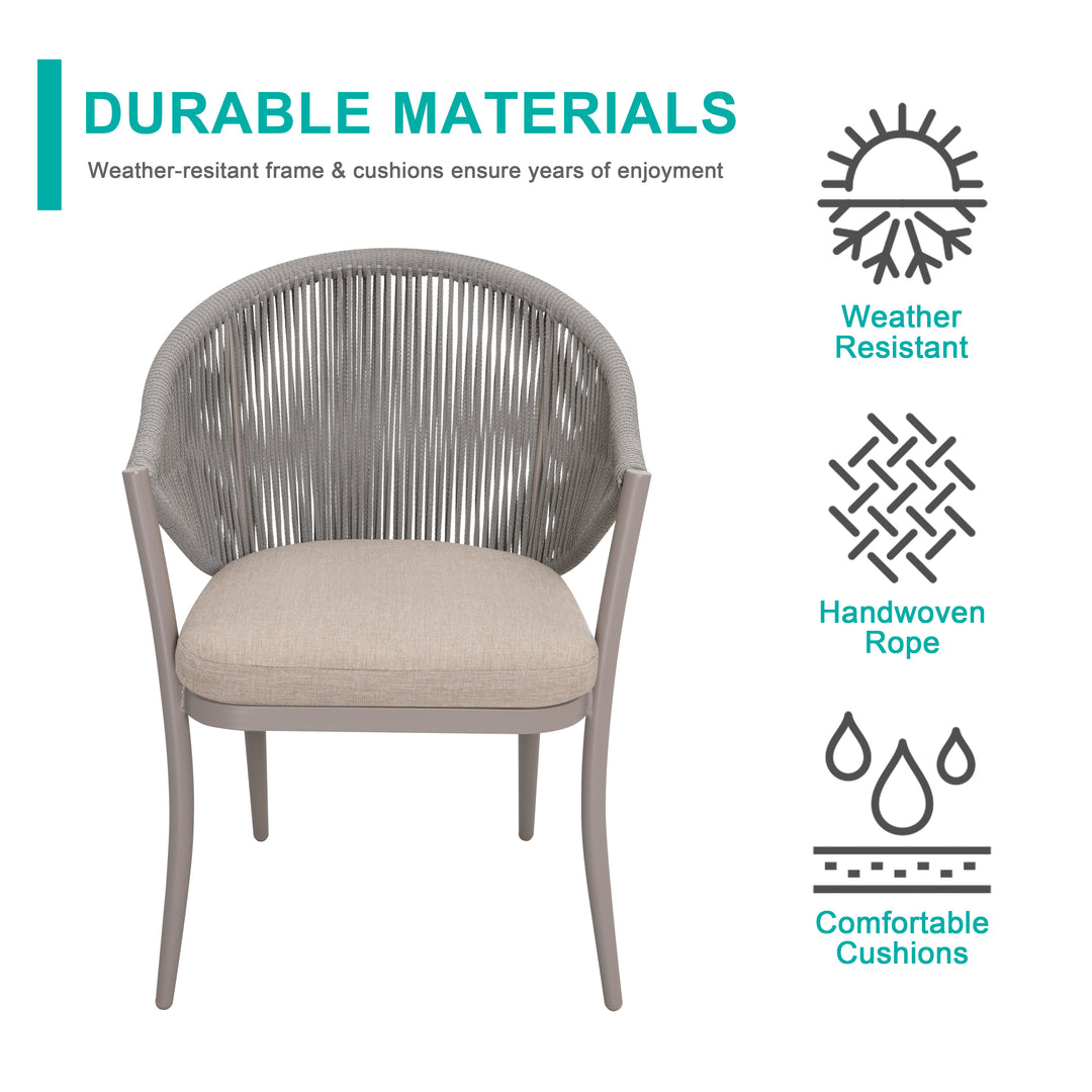 3 Pieces Aluminum Patio Bistro Conversation Set Unique Rope Outdoor Garden Furniture Table and Chair Set with Coffee Cushions