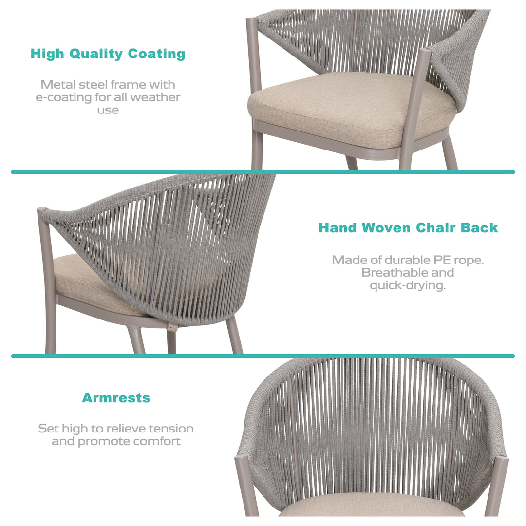 3 Pieces Aluminum Patio Bistro Conversation Set Unique Rope Outdoor Garden Furniture Table and Chair Set with Coffee Cushions