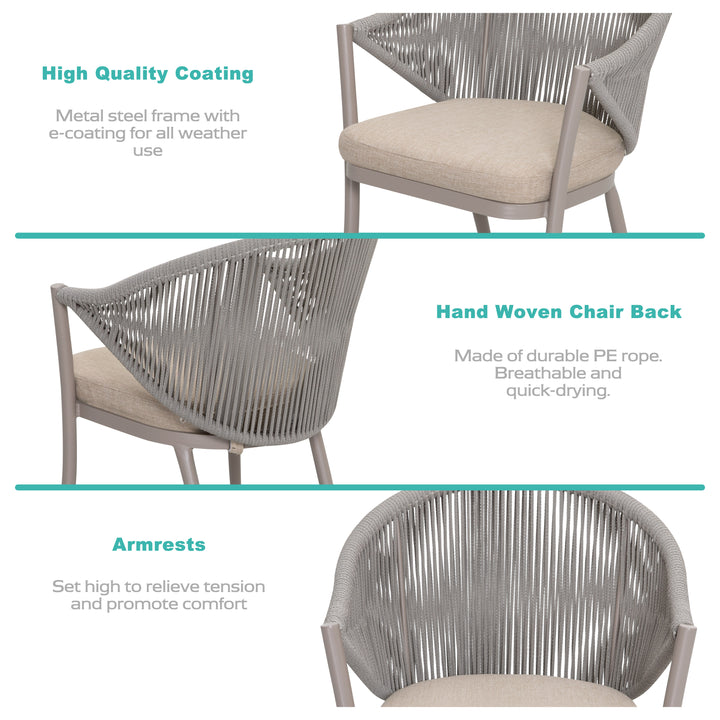 3 Pieces Aluminum Patio Bistro Conversation Set Unique Rope Outdoor Garden Furniture Table and Chair Set with Coffee Cushions