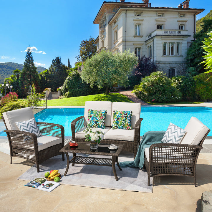 4 Pieces Patio Furniture, Outdoor Conversation/Sofa Set with Rattan Coffee Table and Cushions, Steel, PE Rattan Wicker, for Small Balconies, Front Porch, Yard, Deck