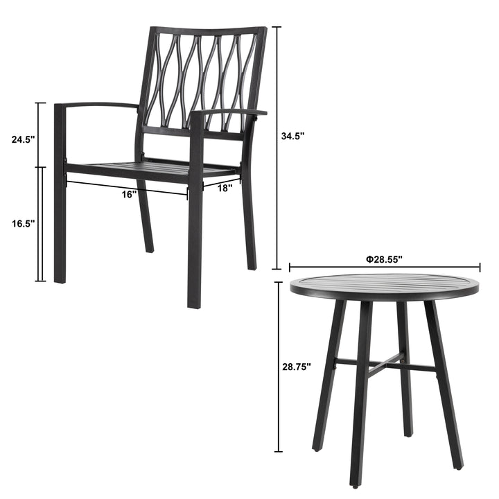 3 Pieces Patio Bistro Set, Iron Outdoor Bistro Set with 2 Patio Dining Chairs and 1 Round Slatted Patio Table, Outdoor Furniture Set for Porch, Backyard