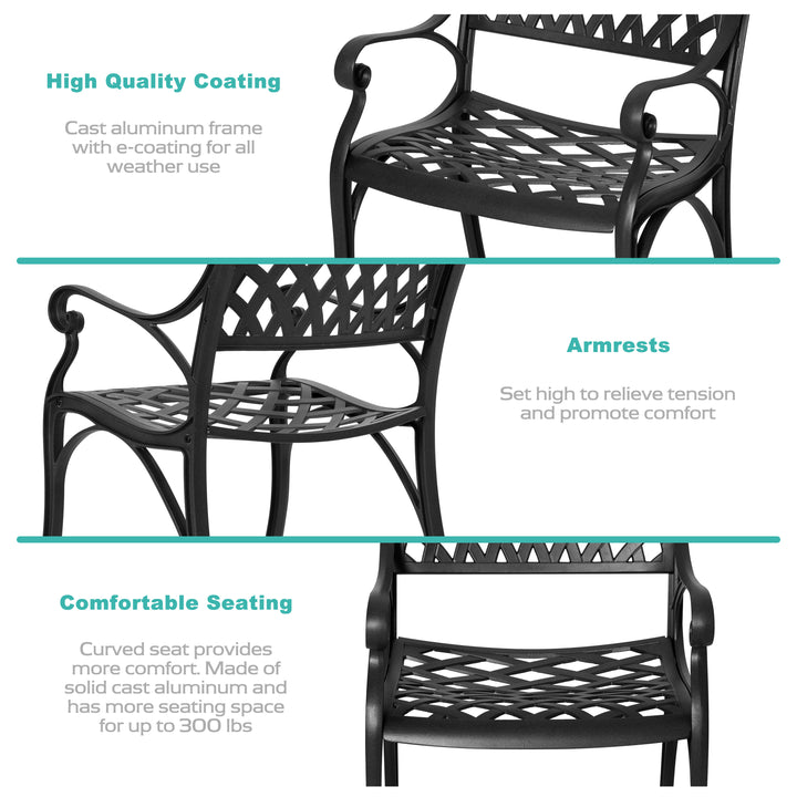 3 Pieces Outdoor Bistro Set with Red Cushions, Cast Aluminum All-Weather Patio Dining Set, Outdoor Furniture Table with Umbrella Hole for Garden, Balcony, Porch