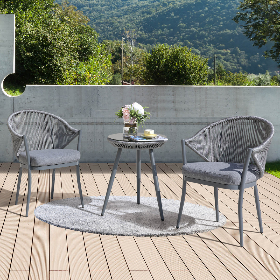 3 Pieces Aluminum Patio Bistro Conversation Set Unique Rope Outdoor Garden Furniture Table and Chair Set with Coffee Cushions