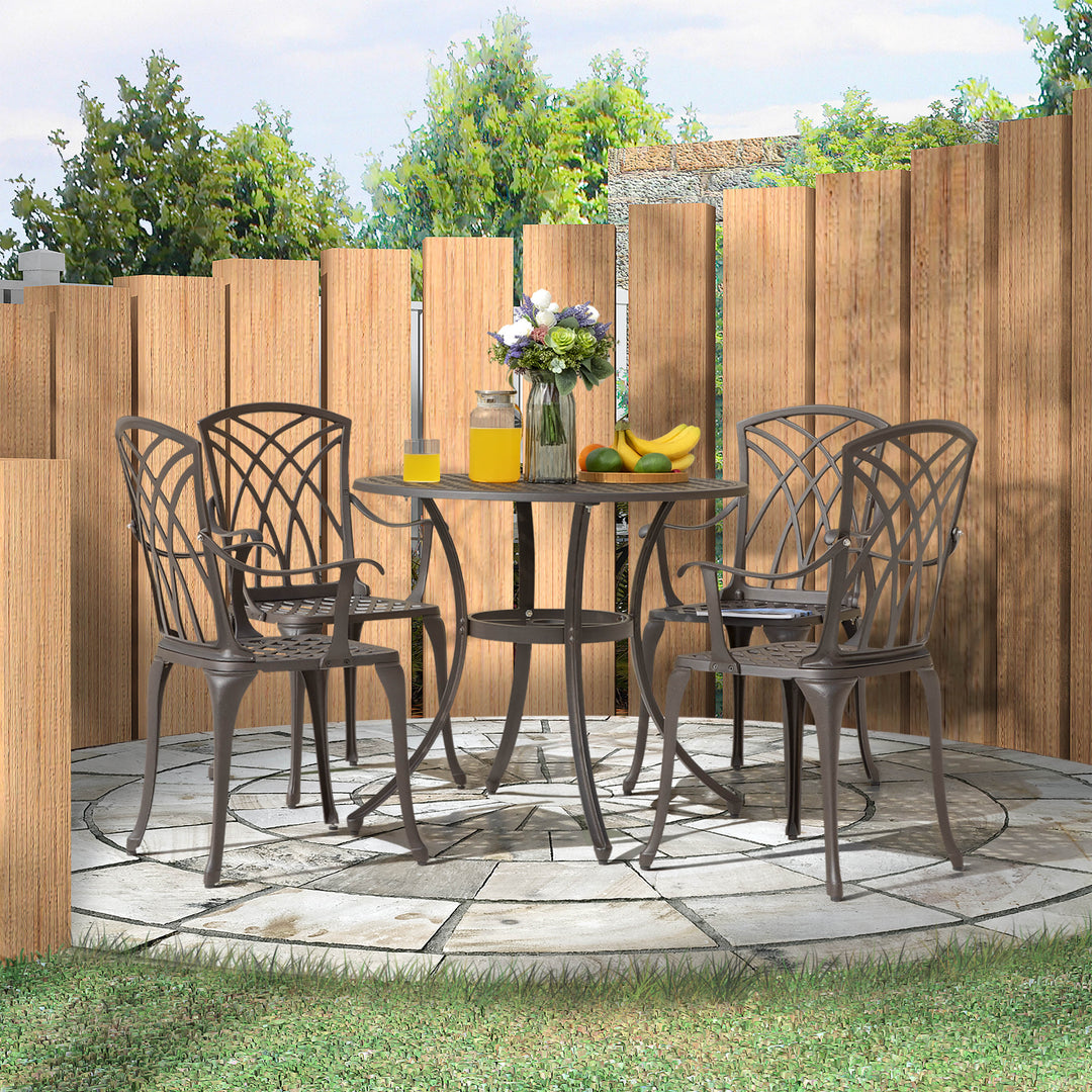 5 Piece Outdoor Cast Aluminum Dining Set, Round Patio Table and Chairs with Umbrella Hole for Patio or Deck, Lattice Weave Design
