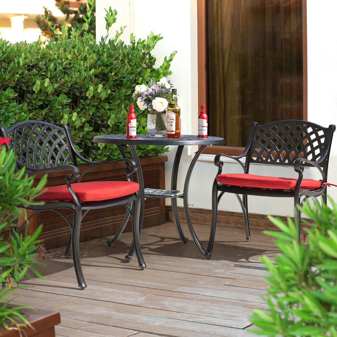 3 Pieces Outdoor Bistro Set with Red Cushions, Cast Aluminum All-Weather Patio Dining Set, Outdoor Furniture Table with Umbrella Hole for Garden, Balcony, Porch