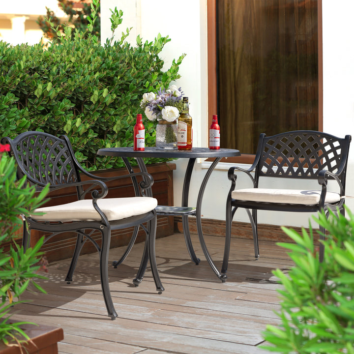 3 Pieces Outdoor Bistro Set with Red Cushions, Cast Aluminum All-Weather Patio Dining Set, Outdoor Furniture Table with Umbrella Hole for Garden, Balcony, Porch