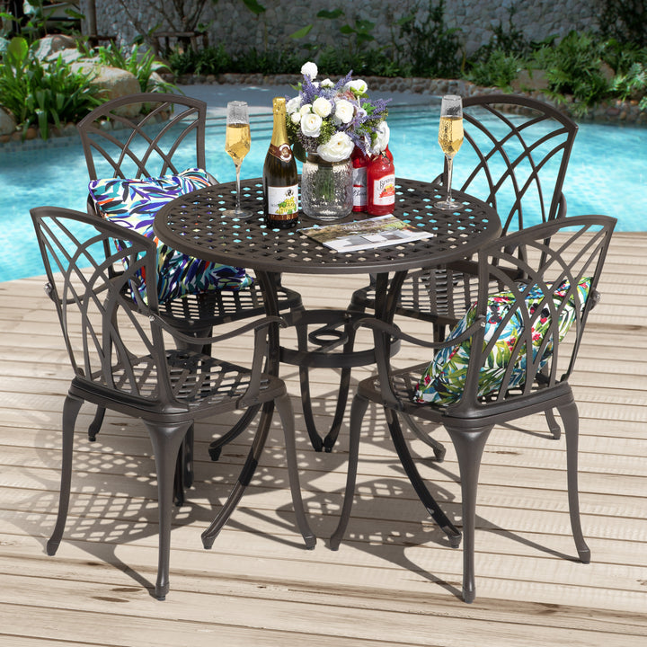5 Piece Outdoor Cast Aluminum Dining Set, Round Patio Table and Chairs with Umbrella Hole for Patio or Deck, Lattice Weave Design