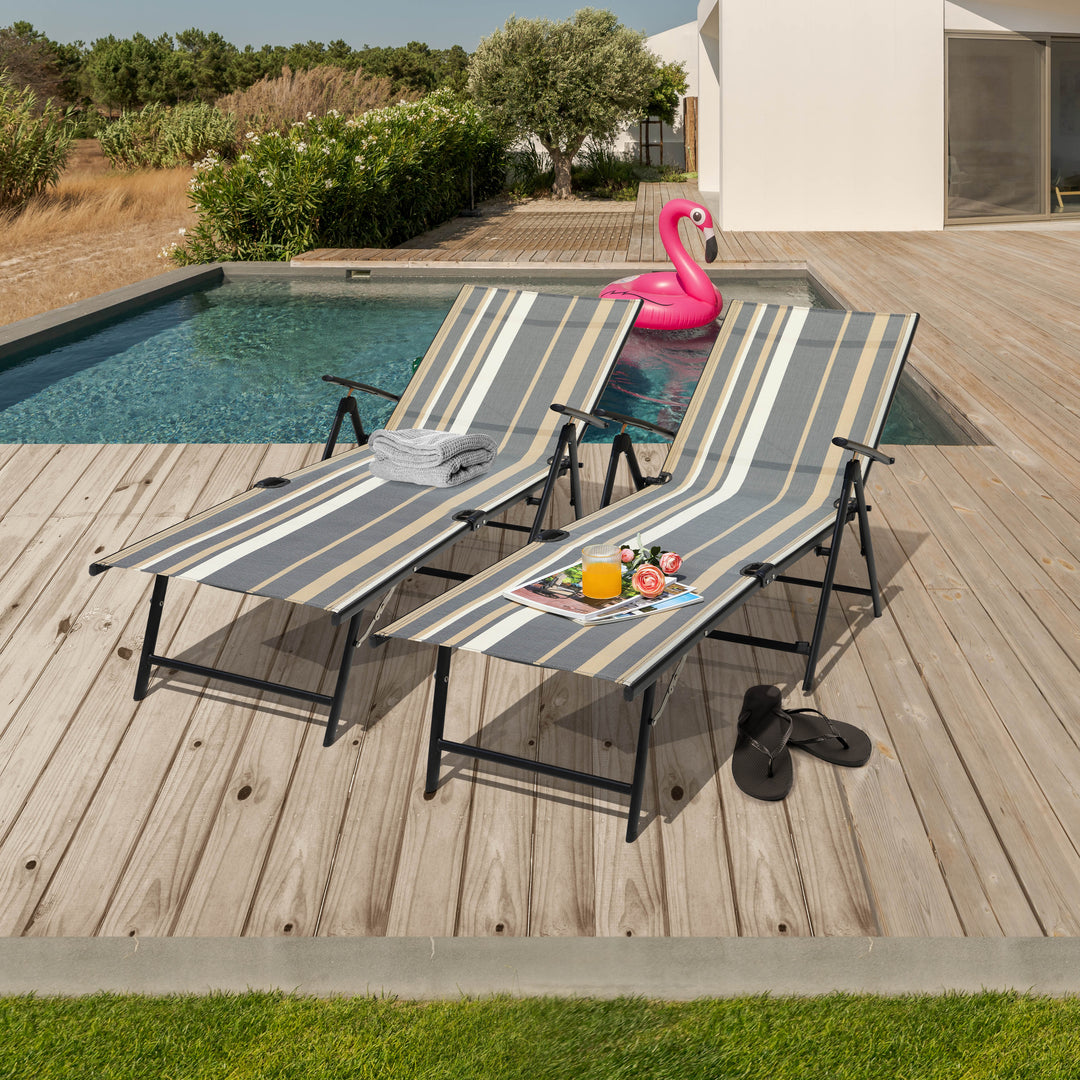 Outdoor Chaise Lounge Chair with 7 Position Adjustable Back, Steel Frame Folding Pool Chairs with Textilene