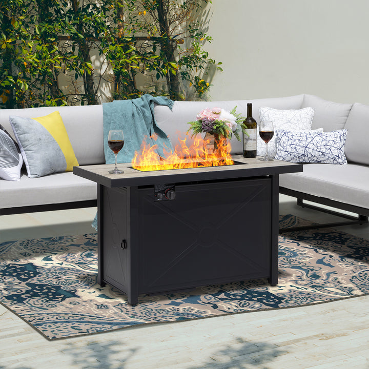 Outdoor 42 Inch 50,000 BTU Propane Gas Cabinet Rectangle Fire Pit Table, Ceramic Tabletop and Iron Frame, with Lid and Fire Glass Beads for Balcony, Patio, Garden, Party, Black