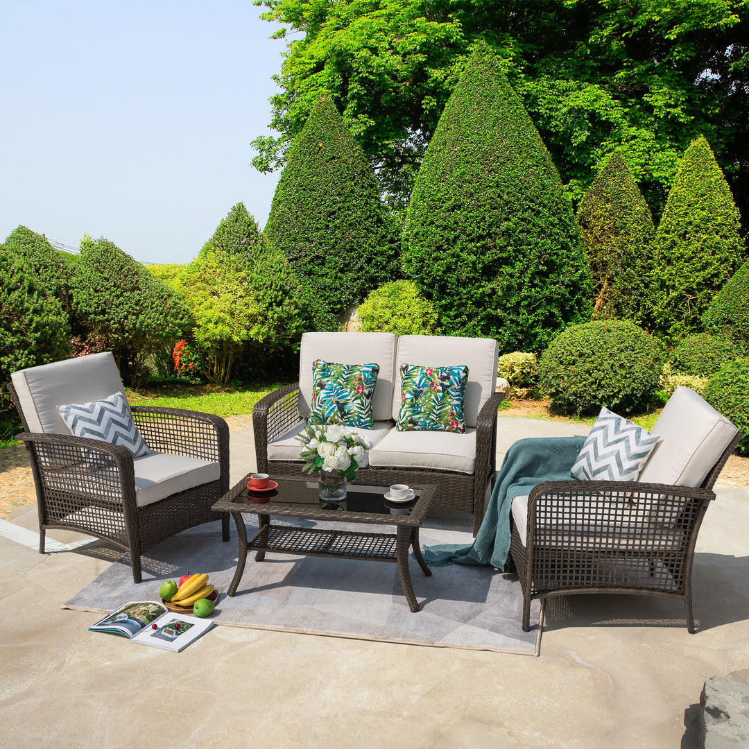 4 Pieces Patio Furniture, Outdoor Conversation/Sofa Set with Rattan Coffee Table and Cushions, Steel, PE Rattan Wicker, for Small Balconies, Front Porch, Yard, Deck