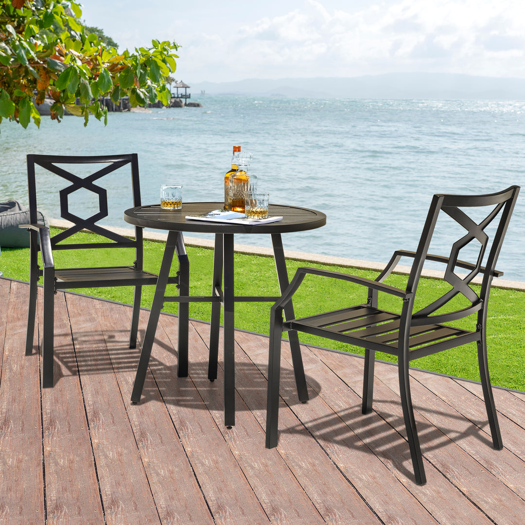 3 Pieces Patio Bistro Set, Iron Outdoor Bistro Set with 2 Patio Dining Chairs and 1 Round Slatted Patio Table, Outdoor Furniture Set for Porch, Backyard