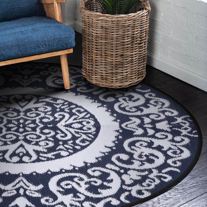 Round Outdoor Rug, Plastic Straw Foldable Area Rug Indoor Outdoor Carpet for Patio Decor Balcony Camping Picnic RV, Blue and White