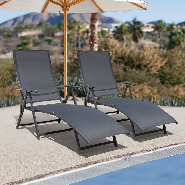 Outdoor Patio Folding Chaise Lounge Chair with 6-Position Adjustable Backrest and Breathable Textile Fabric, Beach, Yard, Pool, Lawn, Gray