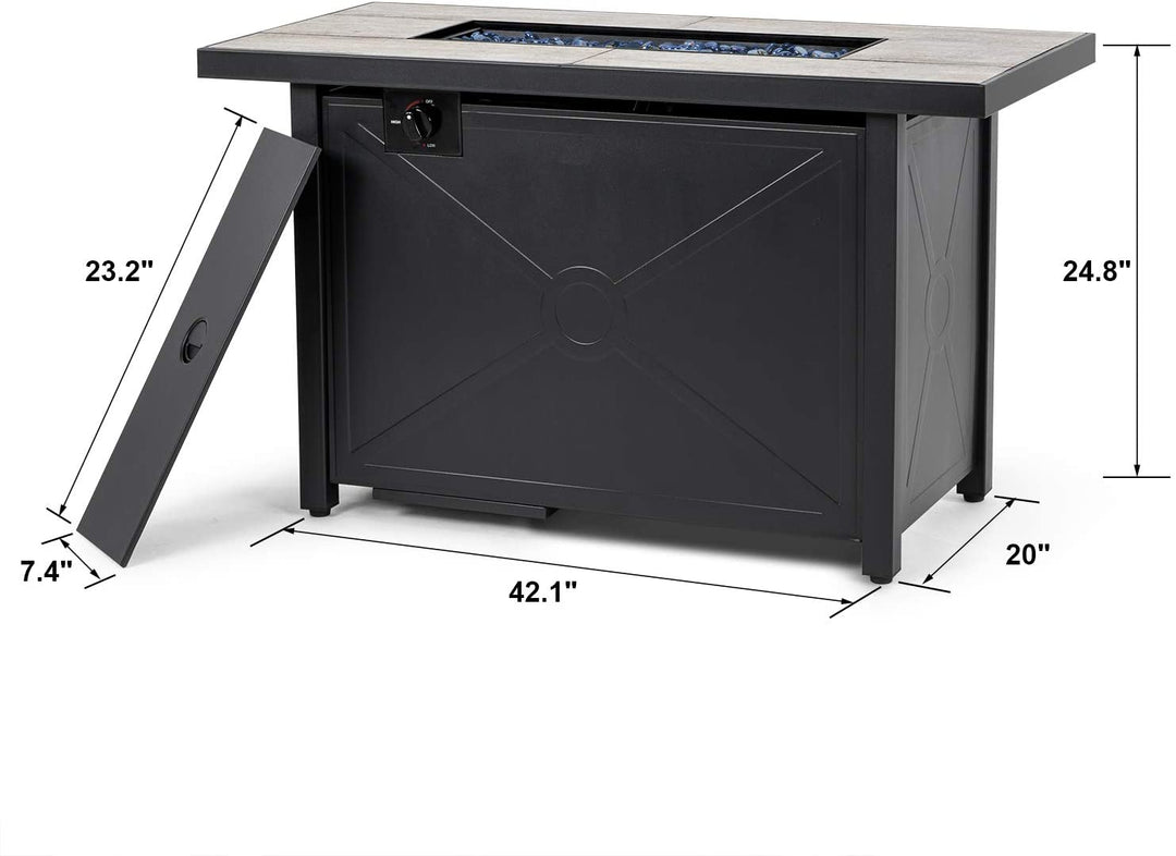 Outdoor 42 Inch 50,000 BTU Propane Gas Cabinet Rectangle Fire Pit Table, Ceramic Tabletop and Iron Frame, with Lid and Fire Glass Beads for Balcony, Patio, Garden, Party, Black