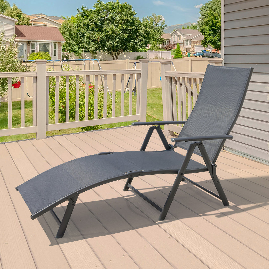 Outdoor Patio Folding Chaise Lounge Chair with 6-Position Adjustable Backrest and Breathable Textile Fabric, Beach, Yard, Pool, Lawn, Gray
