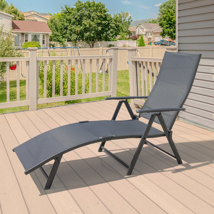 Outdoor Patio Folding Chaise Lounge Chair with 6-Position Adjustable Backrest and Breathable Textile Fabric, Beach, Yard, Pool, Lawn, Gray